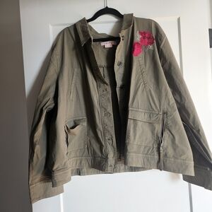 Olive Women's Utility Jacket with Red Floral Detail